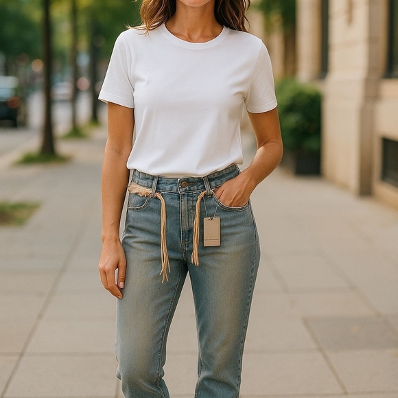Kenzie Jeans - Lite Wash Skinny,Cropped,Slightly Distressed Jeans W/Braided Belt - Picture 3 of 16